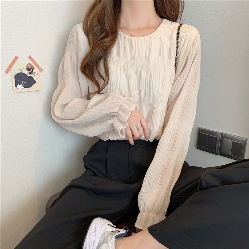 リンクルブラウス ベルスリーブ プリーツ シフォンシャツ エレガント ブラウス シャツ 韓国 レディース オルチャン 袖あり 長袖 かわいい 大人可愛い フォーマル きれいめ シンプル