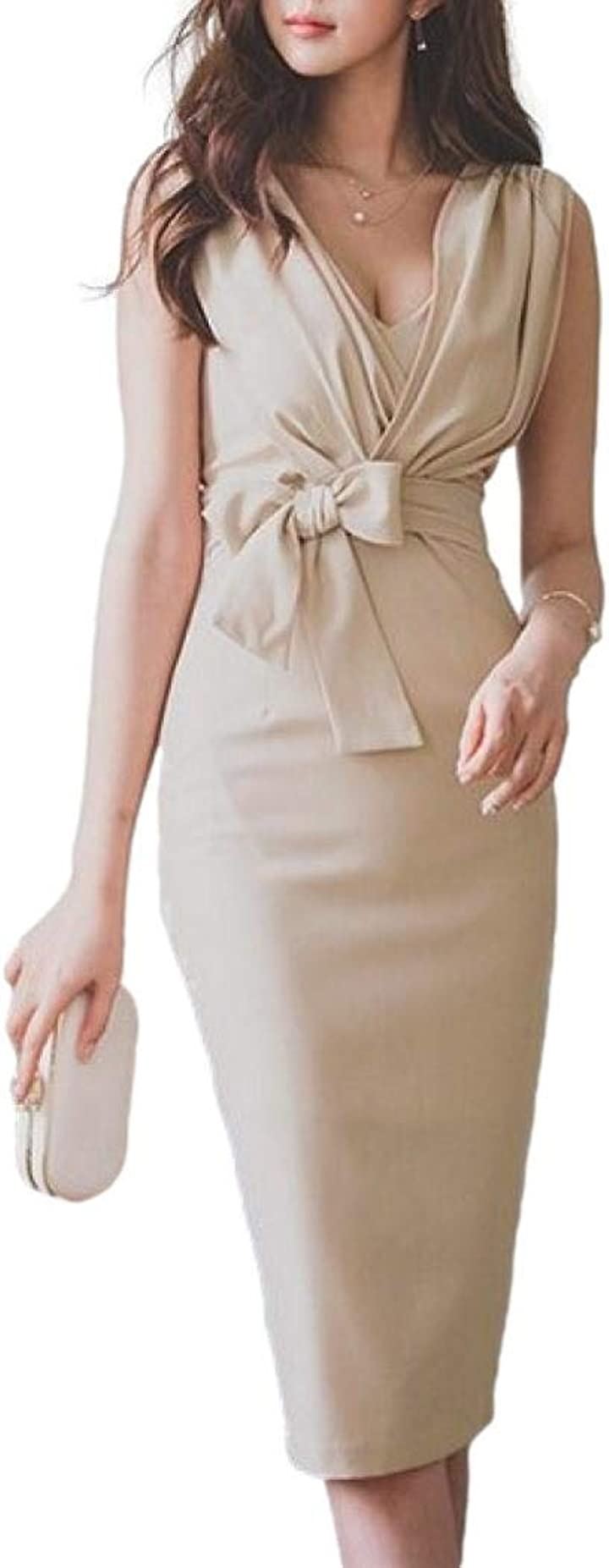リボン ワンピース カシュクール タイト クラブドレス Vネック ノースリーブ ひざ丈 レディース(ベージュ, L)