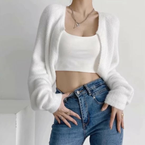 カーディガン レディース 長袖 ショート丈 ニット ノーカラー ショートカーディガン レトロ きれいめ フェミニン ガーリー かわいい カジュアル おでかけ パーティー おしゃれ