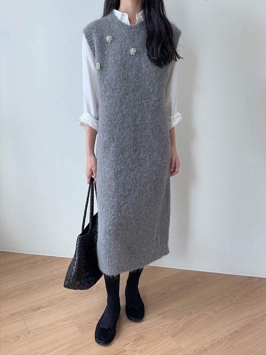 ゆったりストレート薄手股引カバードレス冬新作アルパカウールドリルボタンベストドレス