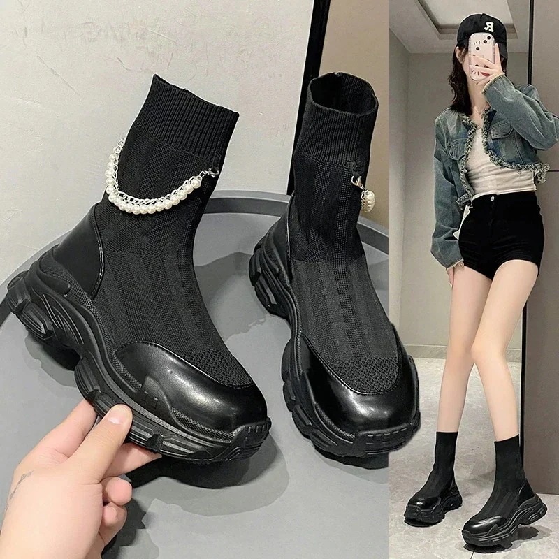 スニーカー ハイカット 白 厚底 パールチェーン 靴下靴 レディース 韓国ファッション スポーツ用