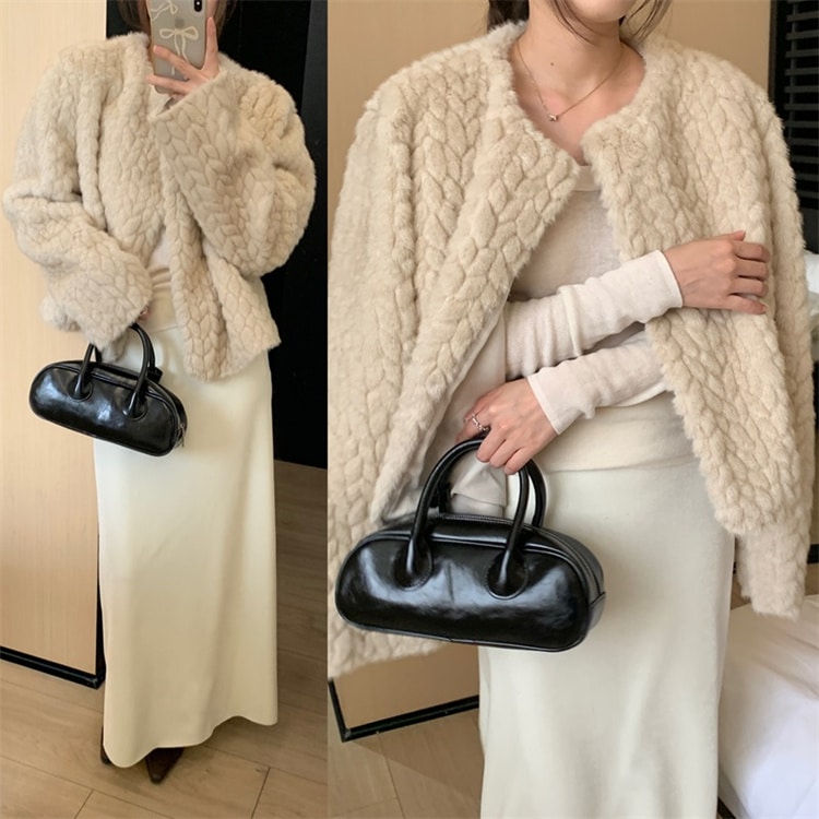 激安セール コート ラウンドネック 気質 ギャザリング 麻花テクスチャ 毛皮コート ショートコート ゆったりする