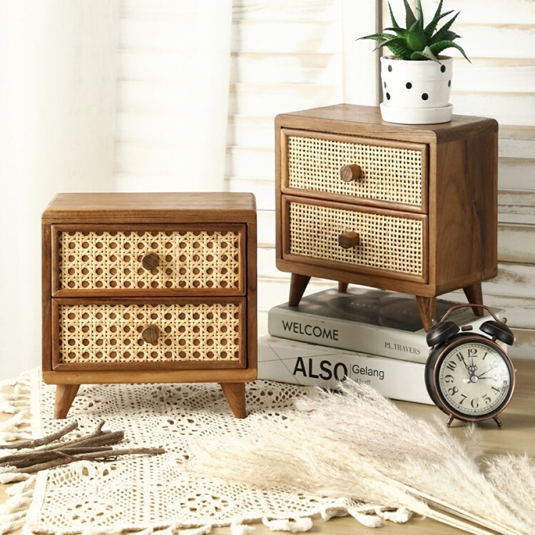 レトロインミニベッドサイドテーブルり竹籐マット寝室デスクトップ収納ラックミニ日本製収納キャビネット