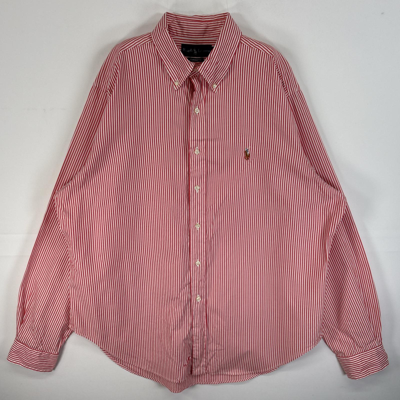 古着 長袖シャツ ロゴ 刺繍 大きいサイズ ボタンダウン 17 XL レッド系 ストライプ メンズ