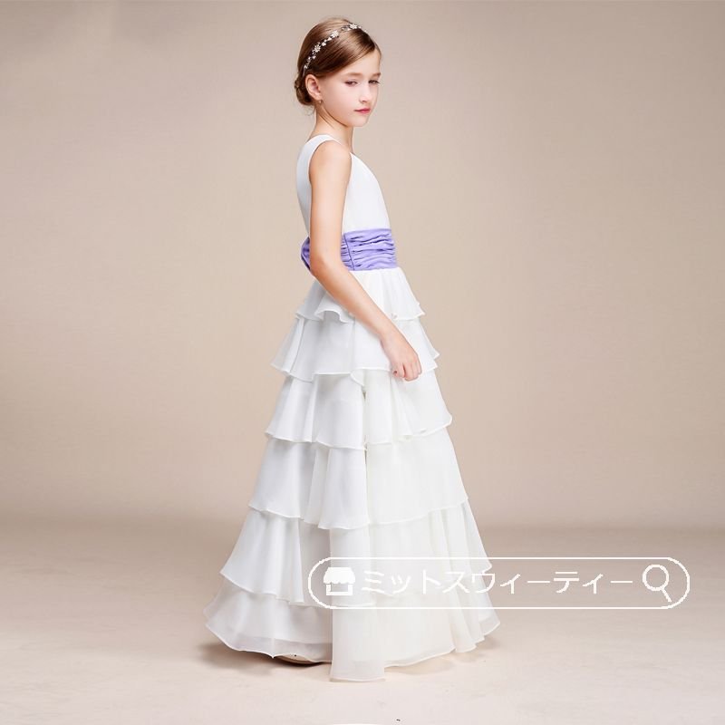 ピアノ発表会 子供ドレス ノースリーブ ロングドレス ワンピース 結婚式 ティアードスカート キッズ