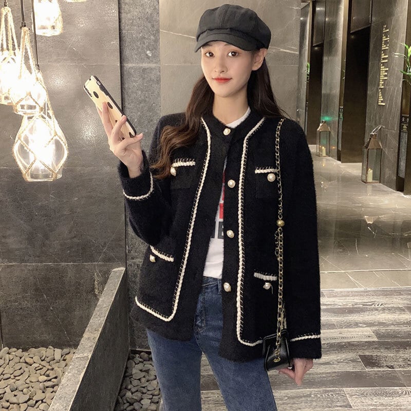 パールボタン カーディガン トップス ショート l 袖あり 長袖 ラウンドネック 襟なし もこもこ モコモコ ふわふわ ポケット 前開き かわいい 大人可愛い きれいめ シンプル カジュアル