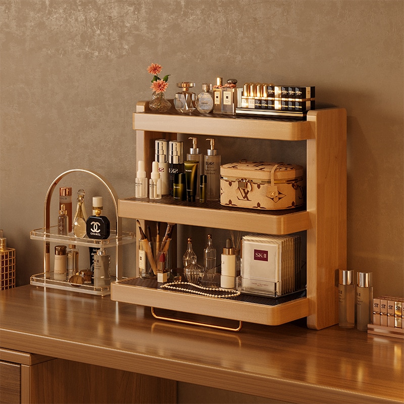 ソリッドウッド化粧品保管ボックスベッドルームドレッシングテーブルトップ香水ディスプレイラックライトラグリーラグジュアリーハイエンドデスクトップストレージラック