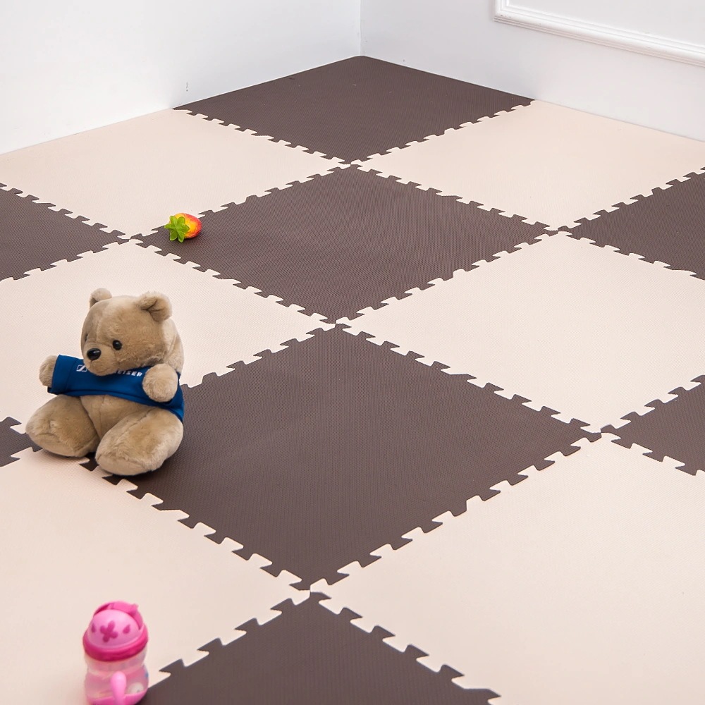 【国内出荷 - 3日配達】ジョイントマット 大判60cm 3畳 16枚 厚手 2cm おしゃれ EVA高 品質 防音断熱 安心のノンホル 転倒防止 サイドパーツ付き【ブラウン×ベージュ】