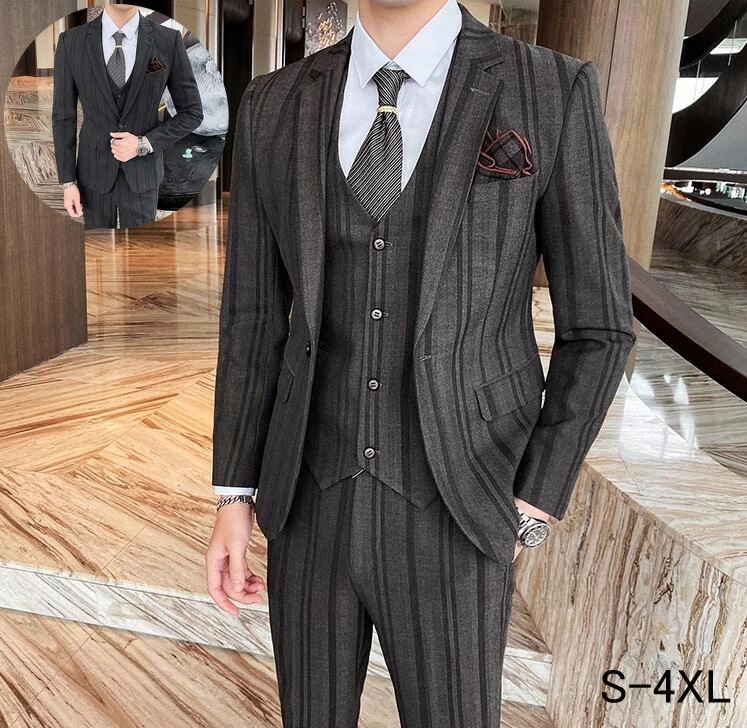 大流行の韓国風 スリーピース スリムスーツ 新作 3ピース スーツセット 紳士服 結婚式スーツ メンズスーツ ストライプ 3点セット ジャケット+ベスト+パンツ ビジネススーツ 上下 婚葬祭 通勤 フ