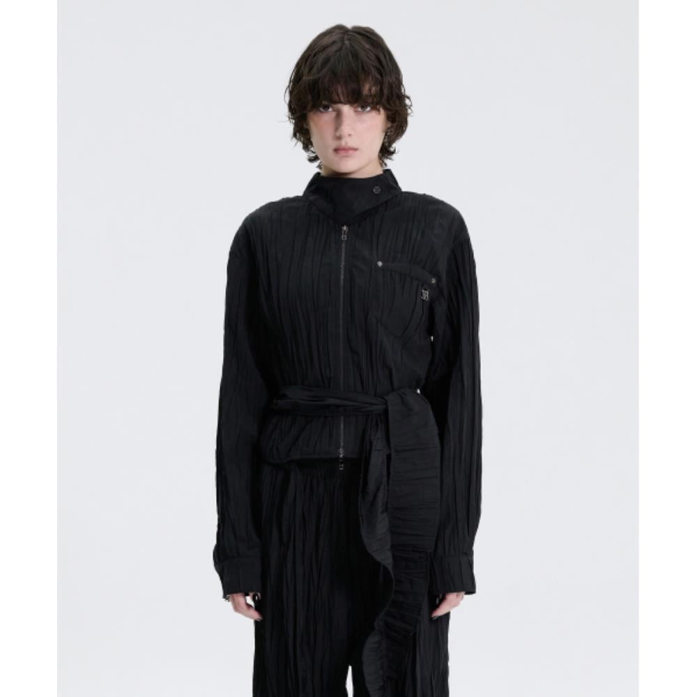 TREEMINGBIRD Crinkle Back Tie Setup Shirt Black TM2579