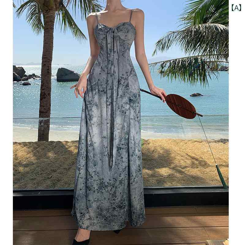 ワンピース リゾート レディース 大人 海辺 チャイナ風 クール インク ブルー サスペンダー ドレス きれいめ おしゃれ かわいい アウトドア