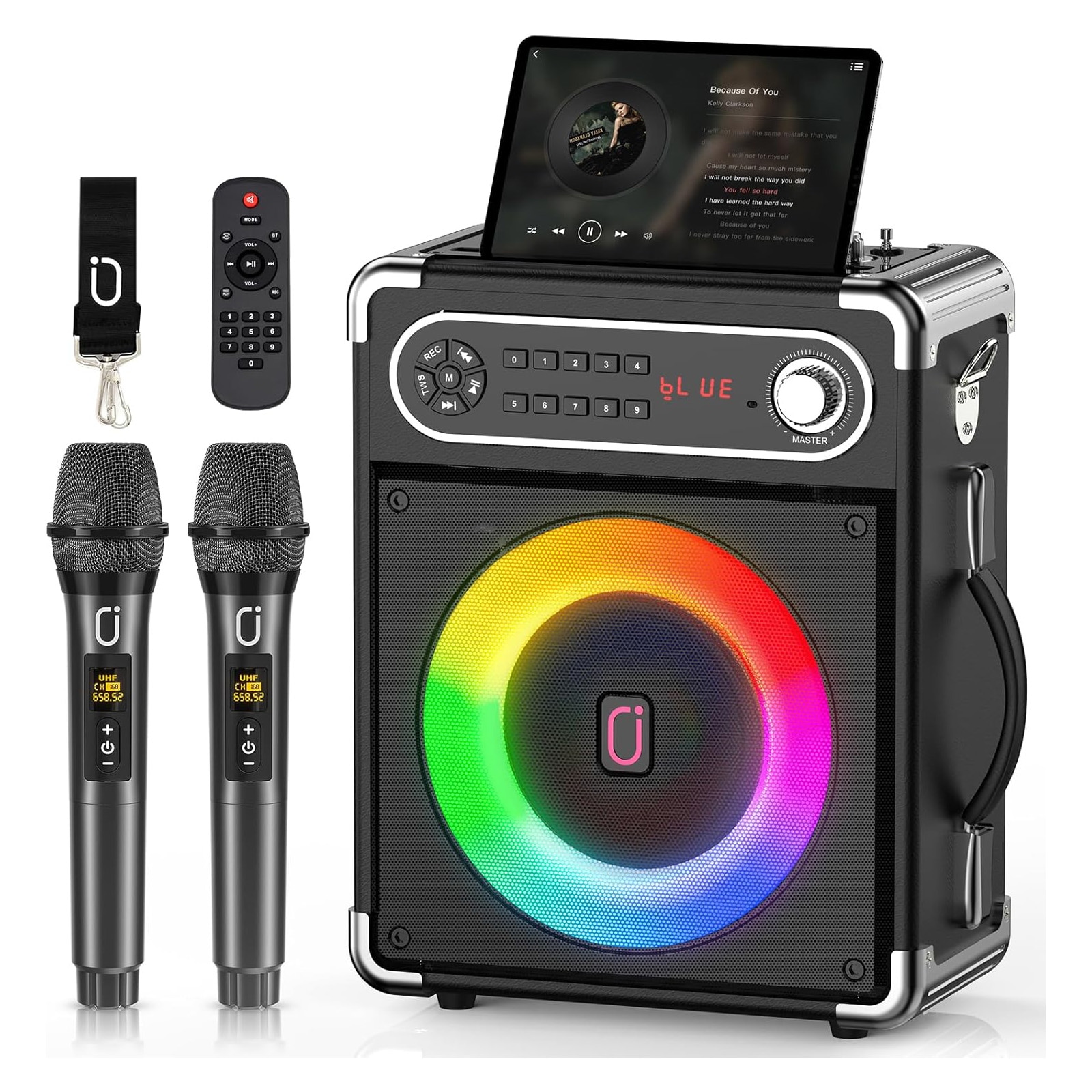 カラオケ スピーカーセット ワイヤレスマイク2本 拡声器 スピーカー Bluetooth リモコン付き 充電式 ポータブル 大音量 音楽 iPhone Android ワイヤレス 高音質 イベント