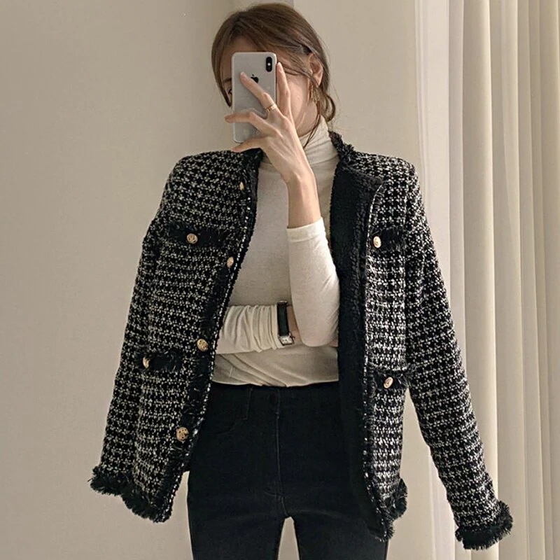 韓国秋冬ヴィンテージクラッシュカラーチェック柄縁取り羊毛長袖ツイードショートカーディガン