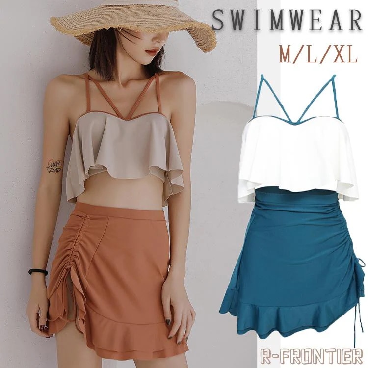 水着 高校生 韓国 高校生水着 レディース 上下セット 胸パッド付き 体型カバー 涼しい 女性らしい 露出控えめ ショートパンツ 無地 2色お揃い 日除け オシャレ