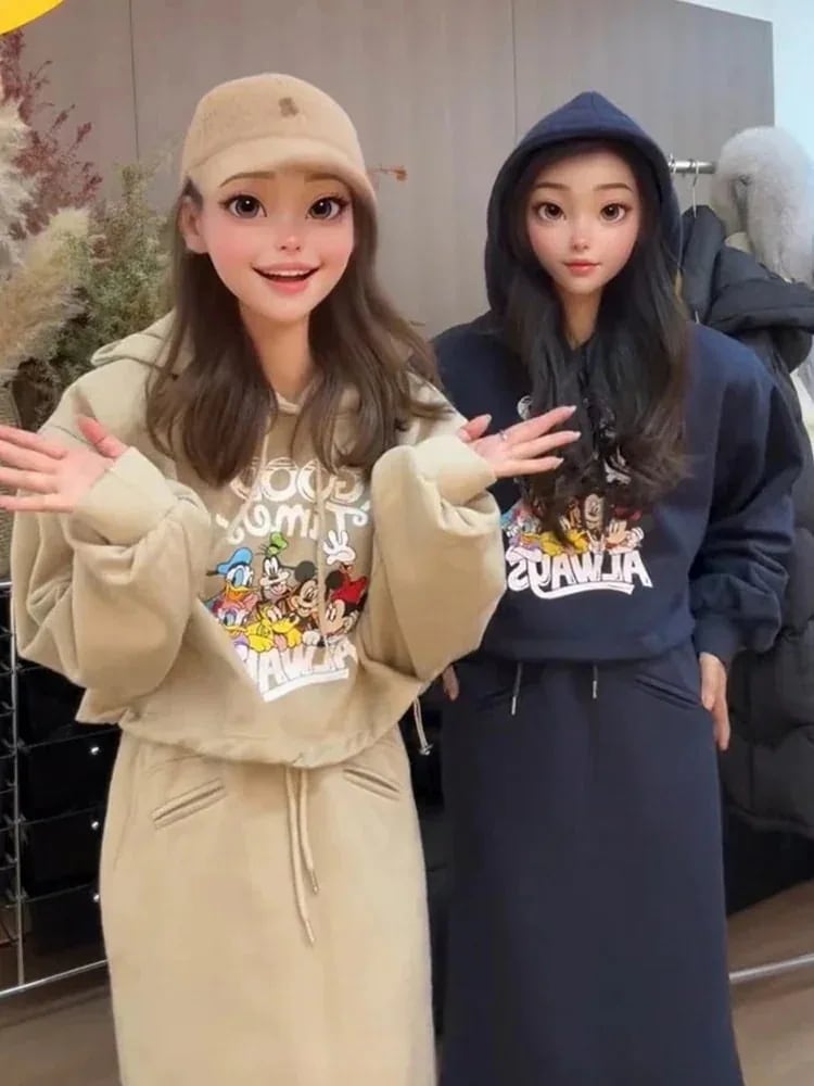 2024入荷本日限定レディーススポーツスーツミッキー柄フード付き厚手スウェットシャツ冬物一式セットツーピースフード付きスウェットシャツ