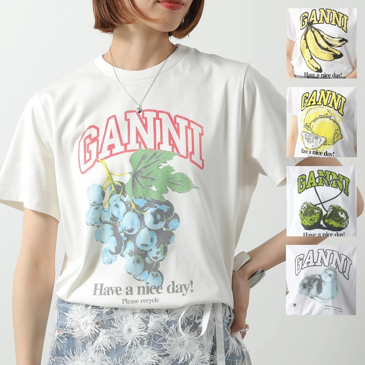 GANNI ガニー 半袖 Tシャツ Basic jersey Lemon Banana CHERRY Grapes Relaxed T-shirt レディース カットソー コットン クルーネック カラ