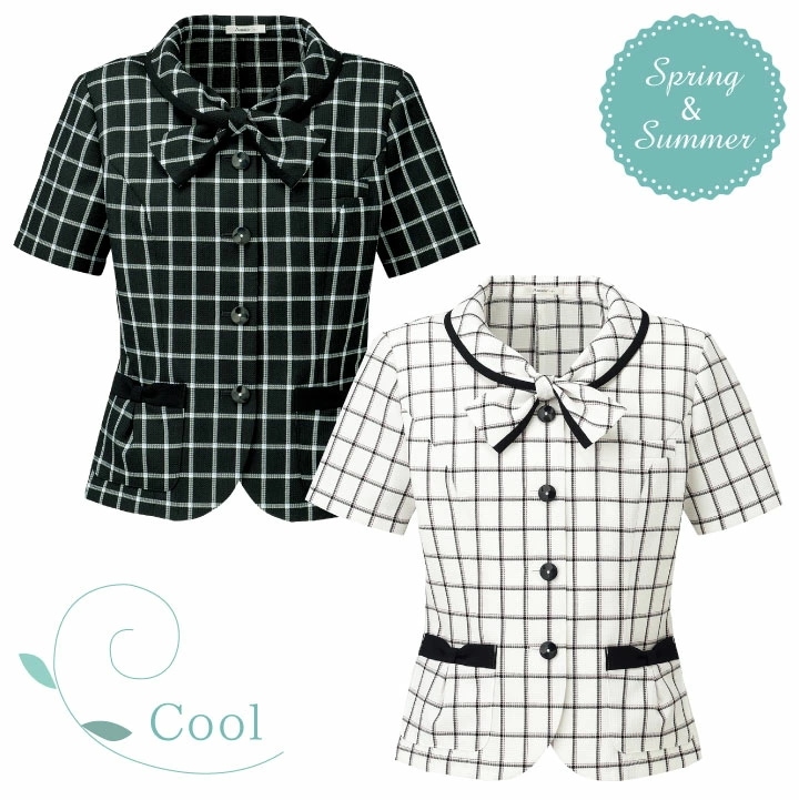 オーバーブラウス チェック柄 リボン 半袖 レディース ボンマックス オフィスウェア フォーマルウェア 制服 事務服 半袖ブラウス BONMAX /bm-aj0824