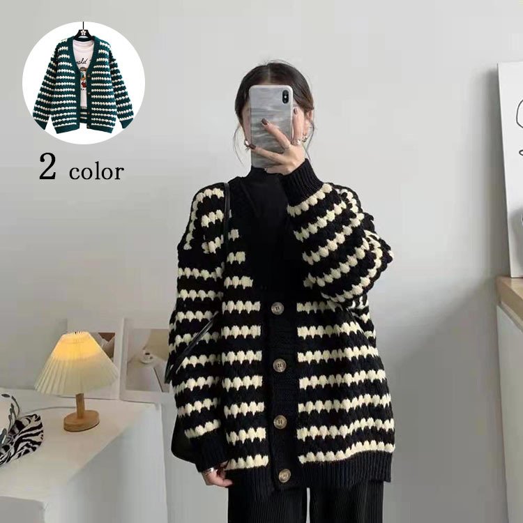 羽織り ニット 冬 長袖 通勤 レディース カーディガン ボーダー柄 カジュアル オフィス Vネック トップス セーター トップス ゆったり 秋 仕事