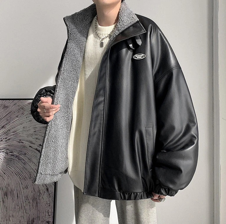 裏起毛 厚手 アウター メンズ ゆったり 両面着用 綿服 ラムズフリース PU 皮ジャンパト 綿入れ 中綿コート