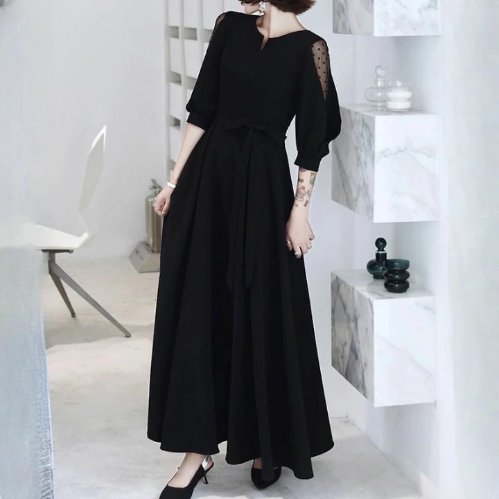 ドレス レディース ワンピース 切り替え スタンドカラーフレア袖 シフォン シア ーチュール 透け感 選べる着丈 ボウタイ ミディアム丈 ロング丈 長袖 パフスリーブ キーネック チュール フリル ハ