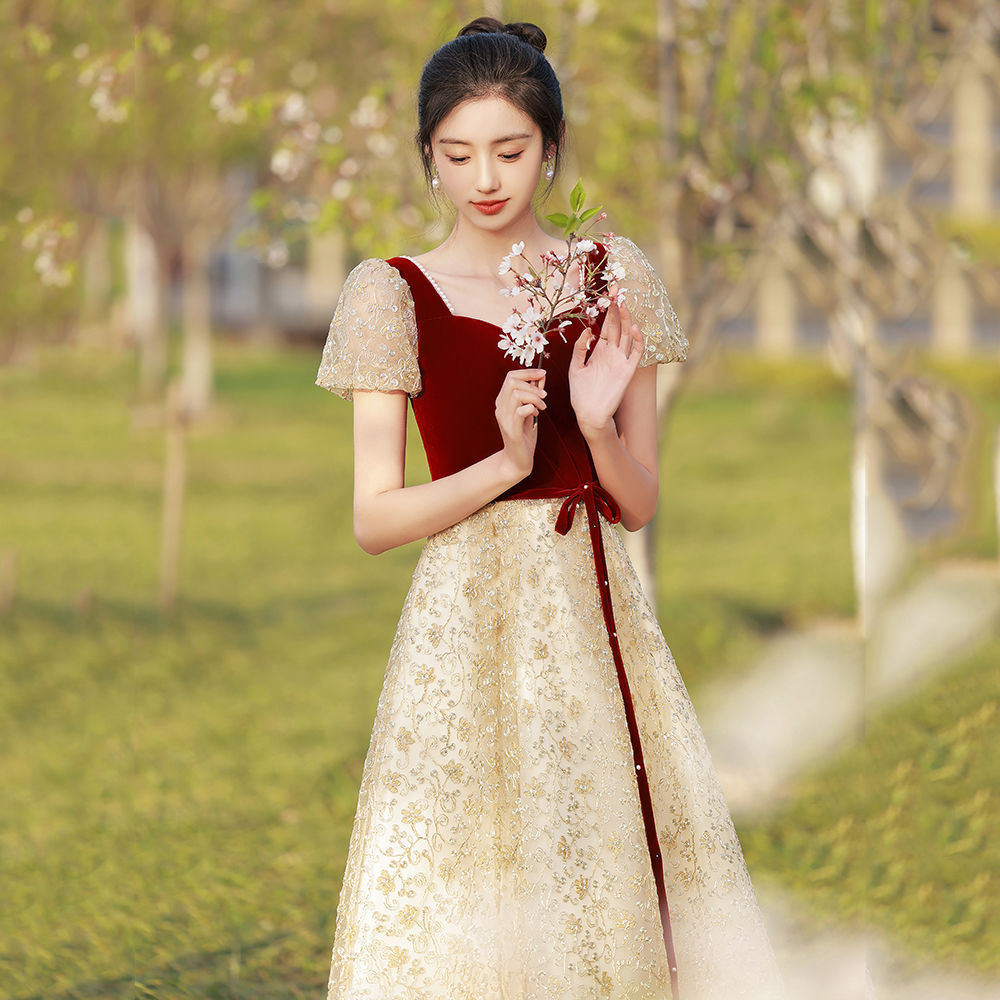 敬酒服花嫁2025ワインレッドの婚約ドレス帰門敬酒服日常ドレス