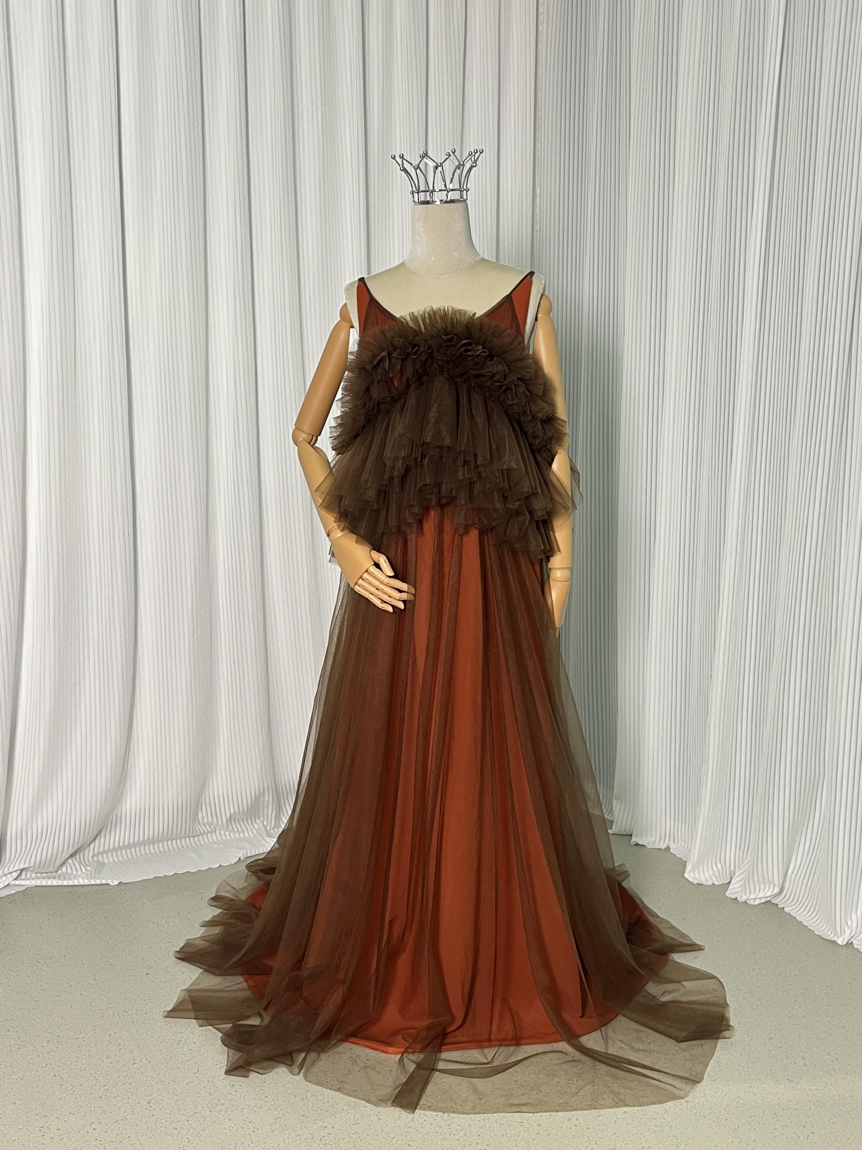 パーティードレス テラコッタ色 胸元フリル Vネック ツーピース キャミソール 妊婦 前撮り 2次会 色直し