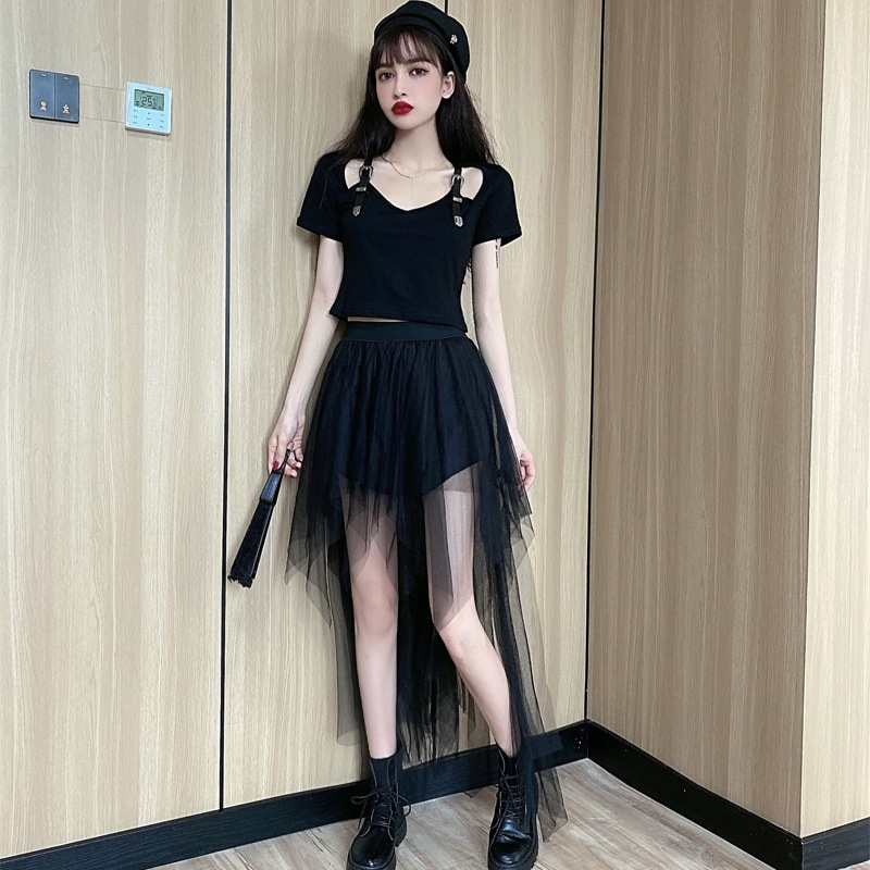 アシメントリーチュールスカート ベルト付きトップス 甘辛ミックスツーピース カジュアル2点セット ブラックコーディネート トップス スカート Tシャツ シャツ プルオーバー ミニスカート