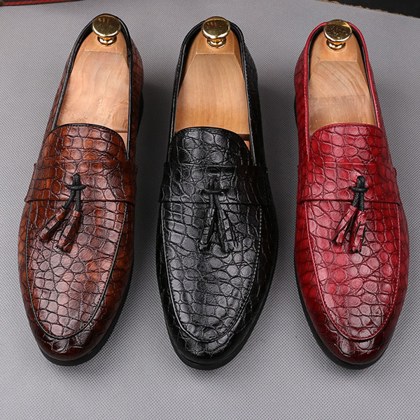 クロコダイル ローファー タッセル カジュアルシューズ ブラウン ブラック ワインレッド 4ｃｍ身長ＵＰ