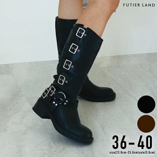ロング ブーツ ミドルブーツ 金具 バックル 厚底 安定感抜群疲れにくい ストレート ファスナー付 脚長効果 おしゃれ トレンド 上品 カジュアル /ベルトバイカーブーツ