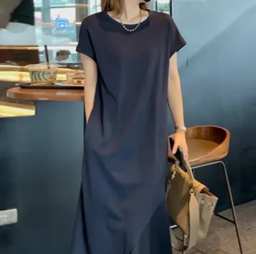 ワンピース ロング丈 袖なし 半袖 クルーネック 襟なし デザイン 美ライン ニュアンス カラバリ リラックス かわいい 大人可愛い きれいめ シンプル カジュアル 大人 上品 おしゃれ お洒落