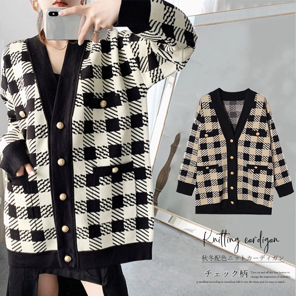 国内即納 ニットカーディガン レディースチェック柄