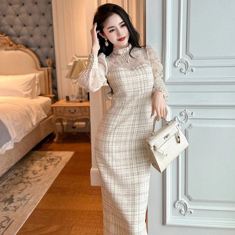 気質改善チャイナロングスカート 2024 新しい女性のエレガントな気質スリムウールチェック柄ドレス 20762