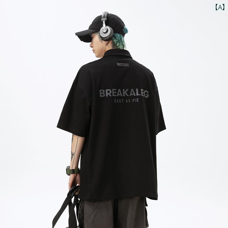 ポロシャツ メンズ 半袖 スーツ レトロ 夏 スタイル Tシャツ ショート パンツ 衣装 半袖セット 英字プリント