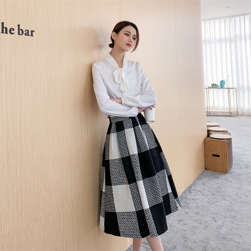 【送料無料】レディース フレアスカート チェック柄 ミモレ丈 ミディアム丈 モノトーン