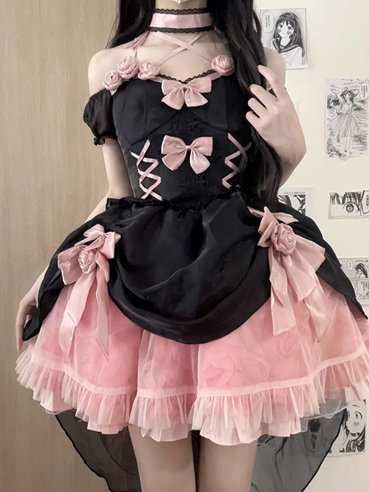 【激安本日限定】ロリータ ワンピース黒とピンクのローズロリータドレスウェディングドレスロリータフィッシュボーン逃亡者重工業プリンセスロースカートよく 9,826円
