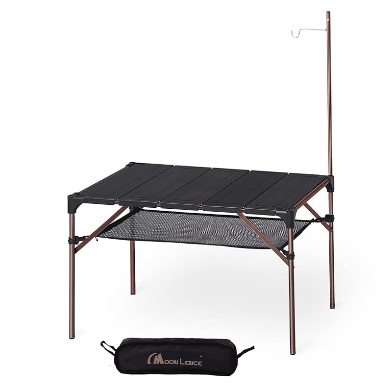 即納：MOON LENCE キャンプ テーブル アルミニウム合金 ロールテーブル ランタンハンガー付き アウトドア ハイキング BBQ 折りたたみ式 コンパクト 超軽量
