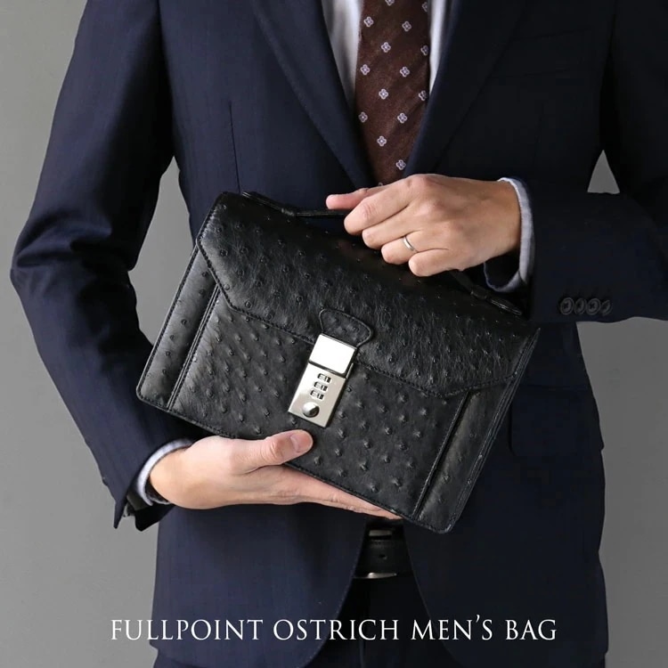 オーストリッチ メンズ セカンドバッグ ダイヤルロック式 日本製 27cm フルポイント ブラック 黒 高級 皮革 本革 革 ビジネスバッグ ギフト プレゼント 4FA (06001877r)