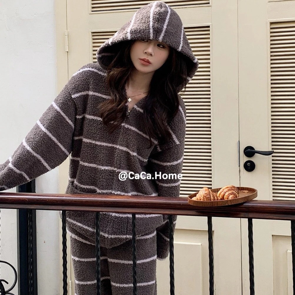 1072 用パジャマ レディース コントラストカラー ストライプ スーツ フード付き 暖かい ゆったり ホーム服 クリスマスと新 レッド