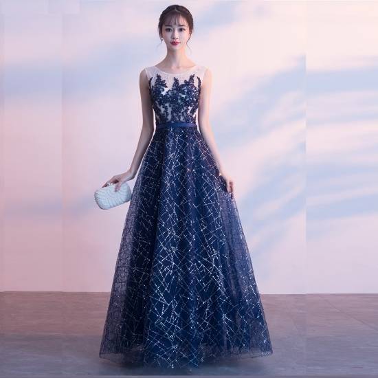 パーティードレス ロング丈 結婚式 パーティードレス 結婚式 ロングドレス 結婚式 お呼ばれ 演奏会 ドレス ロングワンピース ドレス フォーマル 大人可愛い ノースリーブ 刺繍 スパンコール ネイビ
