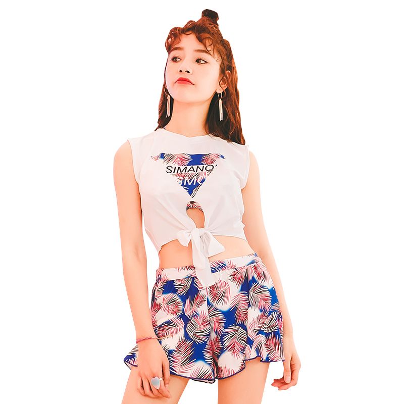 水着 ビキニ カバーアップ ショートパンツ付き リーフ柄 4点 セット フロントノット ホルターネック ワイヤー入り パッド付き 胸元リボン タンクトップ ショート丈 夏 旅行 リゾート 青 緑