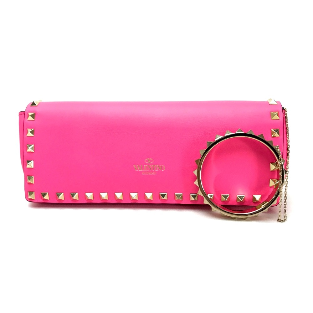 Valentino Garavani ヴァレンティノガラヴァーニ クラッチバッグ ロックスタッズ バングルチェーン付き レザー ショッキングピンク