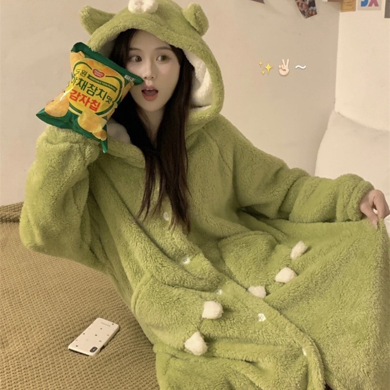 韓国の新しい秋スタイルかわいいフード付きコーラルベルベット暖かいナイトガウン女性用長袖ルーズファーリーホームウェアパジャマパジャマ上下セット