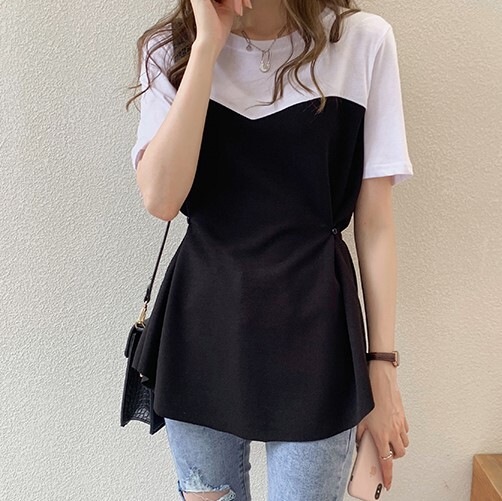 切り返しデザインTシャツ ブラック ブラウン トップス Tシャツ シャツ スリム 細身 ストレート