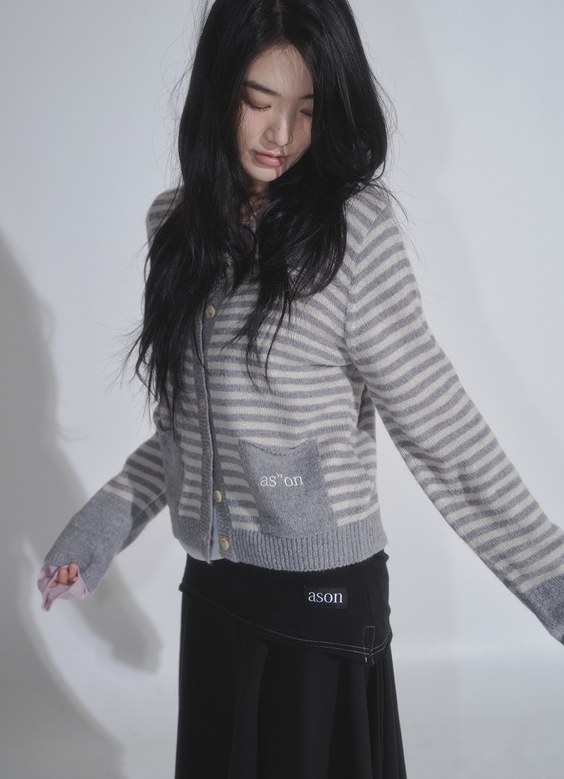 【AS"ON】 NUT POCKET CARDIGAN / STRIPE GRAY 正規品