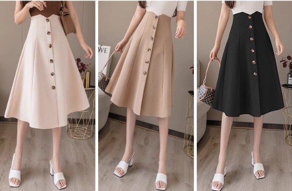 レディース スカート 膝下 ロング スリム 細身 Aライン フェミニン ファスナー ハイウエスト コンサバ ボタン 中厚手 大人可愛い 上品 おしゃれ エレガント モダン フォーマル キュート