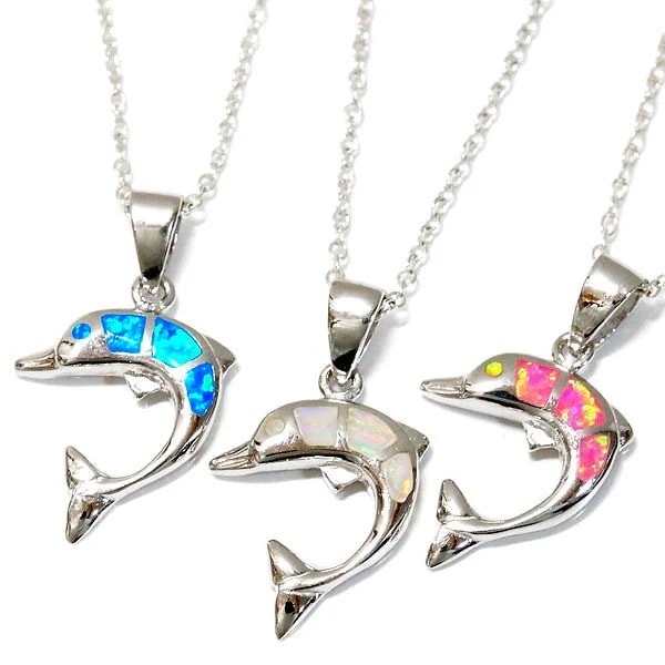 ハワイアンジュエリー ペンダント ネックレス ドルフィン イルカ 跳ねる オパール装飾 レディース シルバー925 ブルー/ピンク/ホワイト