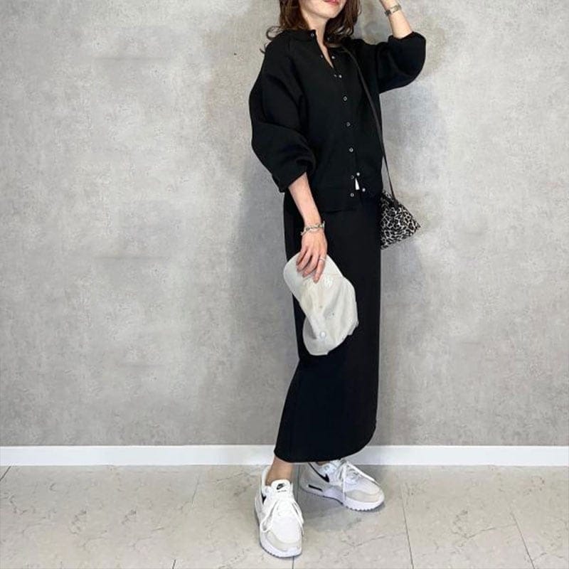 【クラシックに上品】 高級感 シンプル ボタン 長袖 カーディガン スカート 無地 2点セット レディース