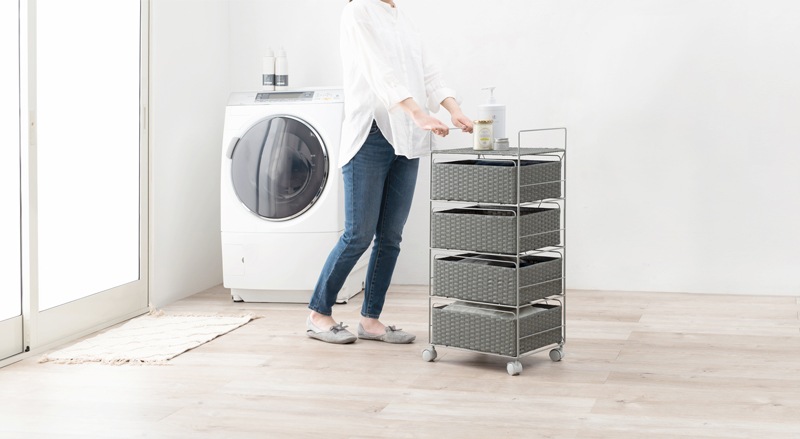 ラック 棚 洗面 水周り おしゃれ アジアン ラタン風 キャスター かご 引き出し バスケットラック シンプル スリム 簡単組立 4段 幅40cm