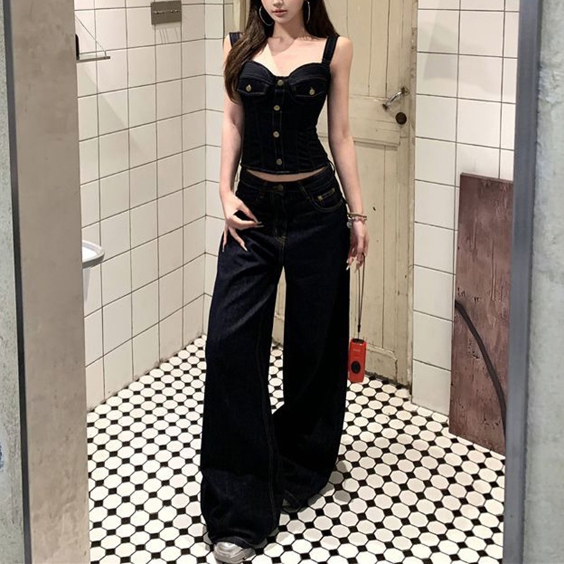 アメリカンレトロデザインのレディースデニムスーツ夏用ボタンダウンのスリムフィットキャミソールロングワイドレッグパンツツーピースセット