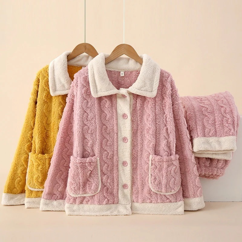 秋冬 ニュースタイル 厚手 コ今週は25%オフーラルフリース レディース パジャマ 開き襟 ルームウェア セット 裏起毛 厚手 ルームウェア